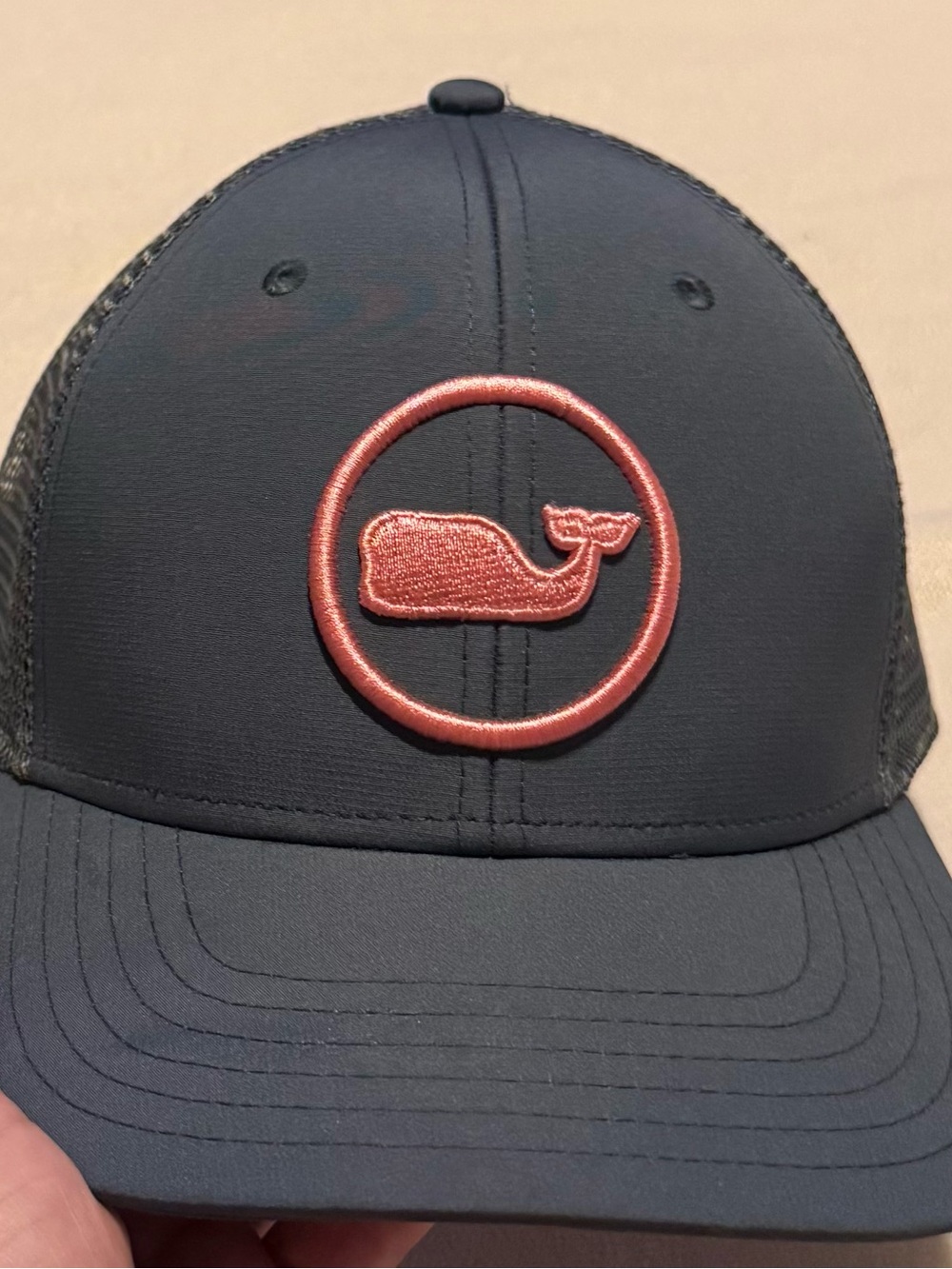 Vineyard Vines Navy Trucker Hat with Pink Whale Patch